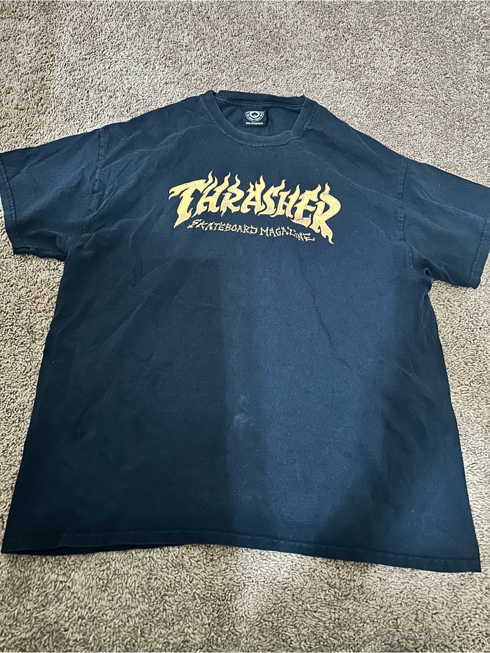 Vintage Thrasher Black Short-Sleeve Tee with Gold Flame Logo Size Large